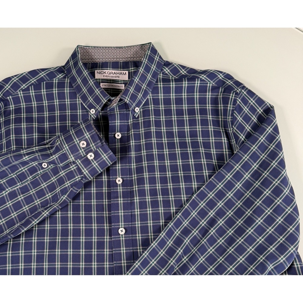 Nick Graham Blue Plaid Mens Everywhere Stretch Modern Fit Shirt - 2XL